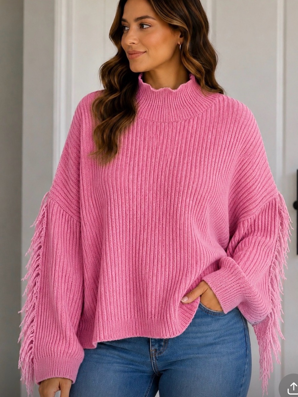 Ribbed Fringe Mock Neck Sweater - Pink